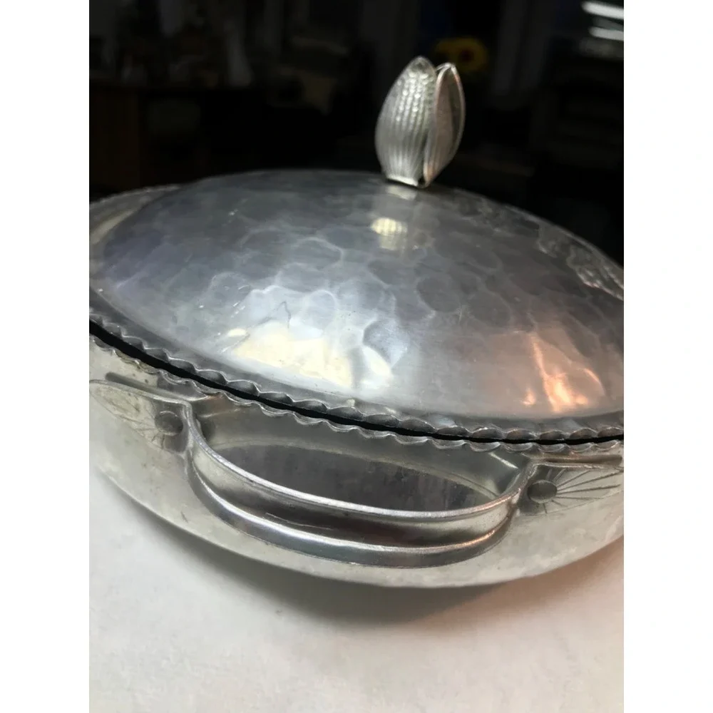 MCM Vintage hammered aluminum casserole with lid, MCM, Rodney Kent, tulip design